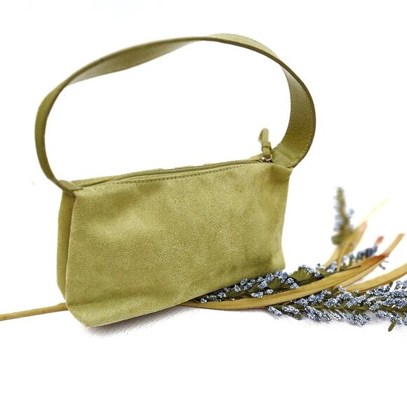 LIZ CLAIBORNE Lime Green Faux Suede Mini Shoulder Bag Vegan Preppy Bright - Picture 2 of 5